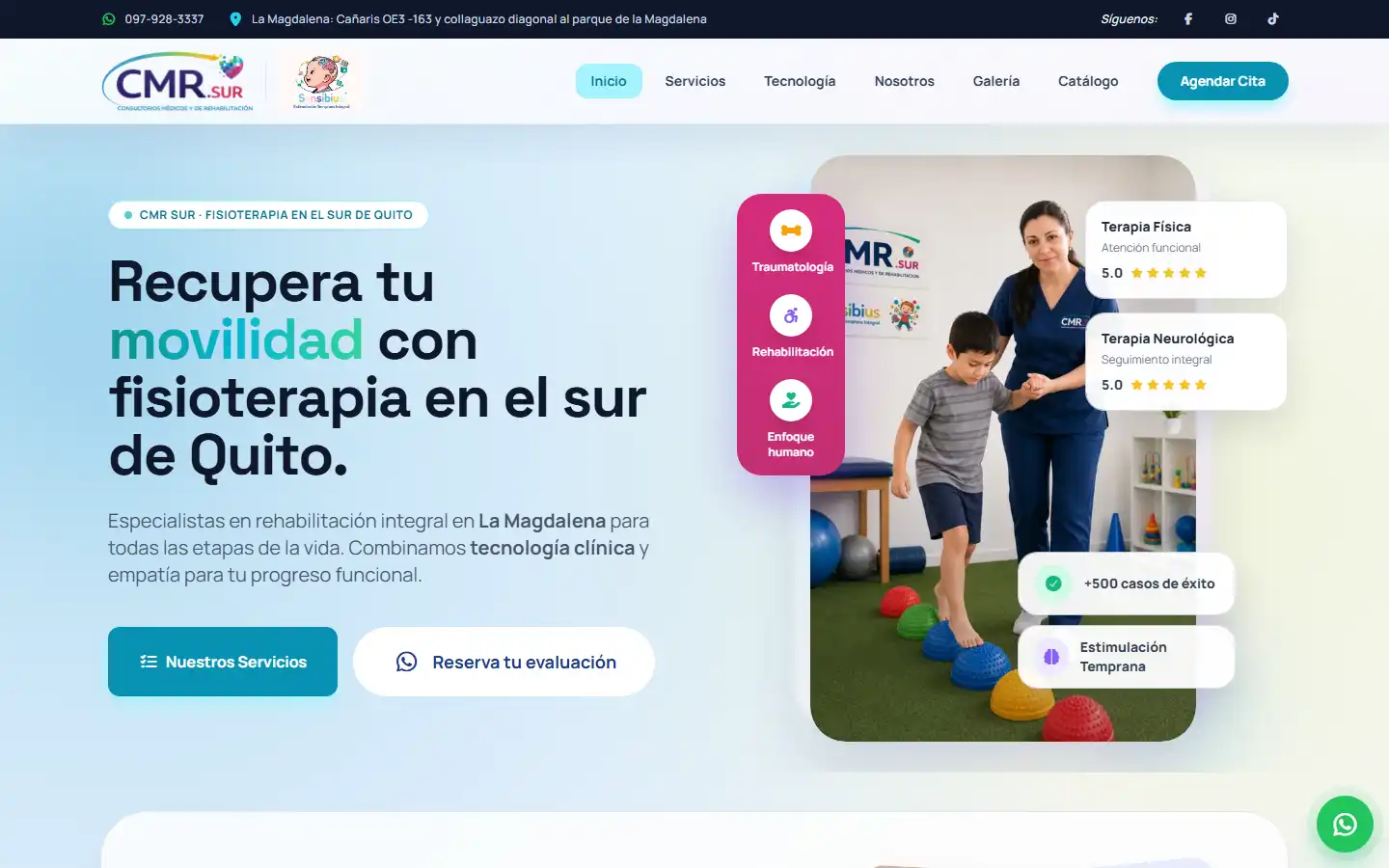 Página principal de CMR Sur, fisioterapia en el sur de Quito