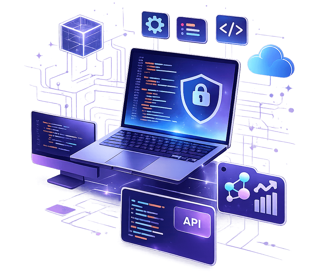 Ilustración de una plataforma de software con API, seguridad y analítica