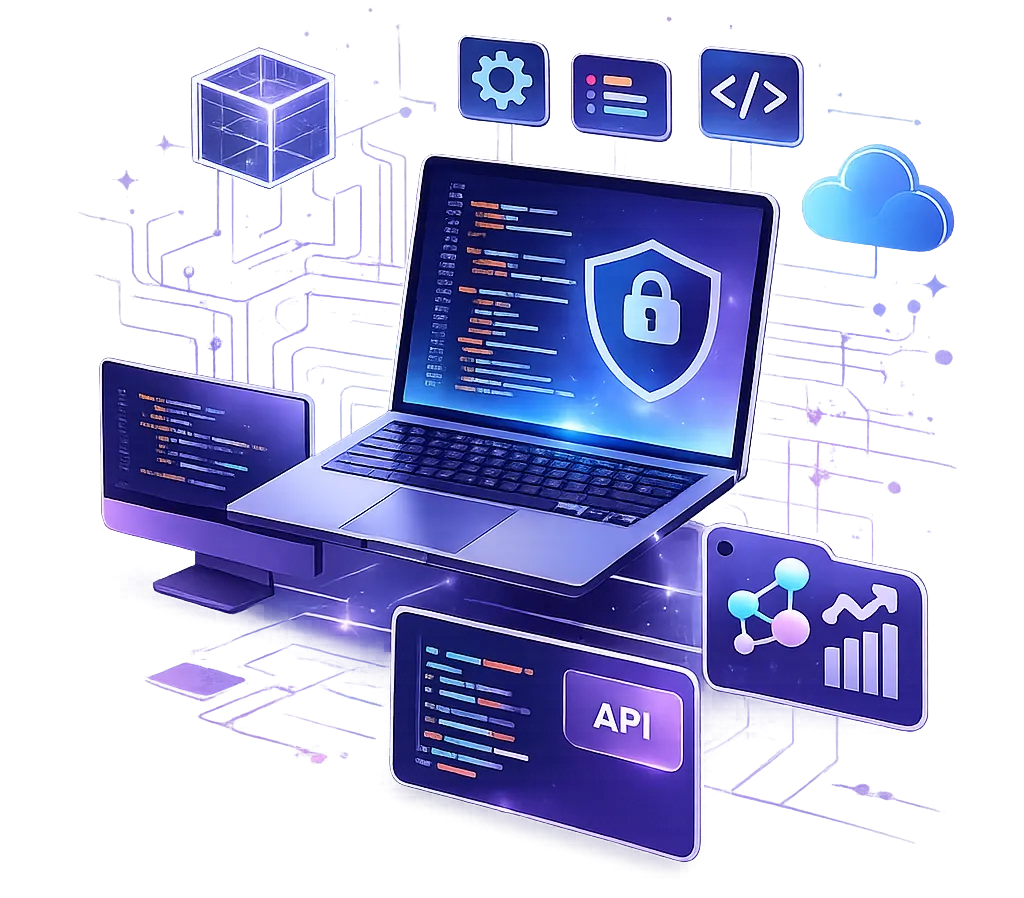 Ilustración de una plataforma de software con API, seguridad y analítica