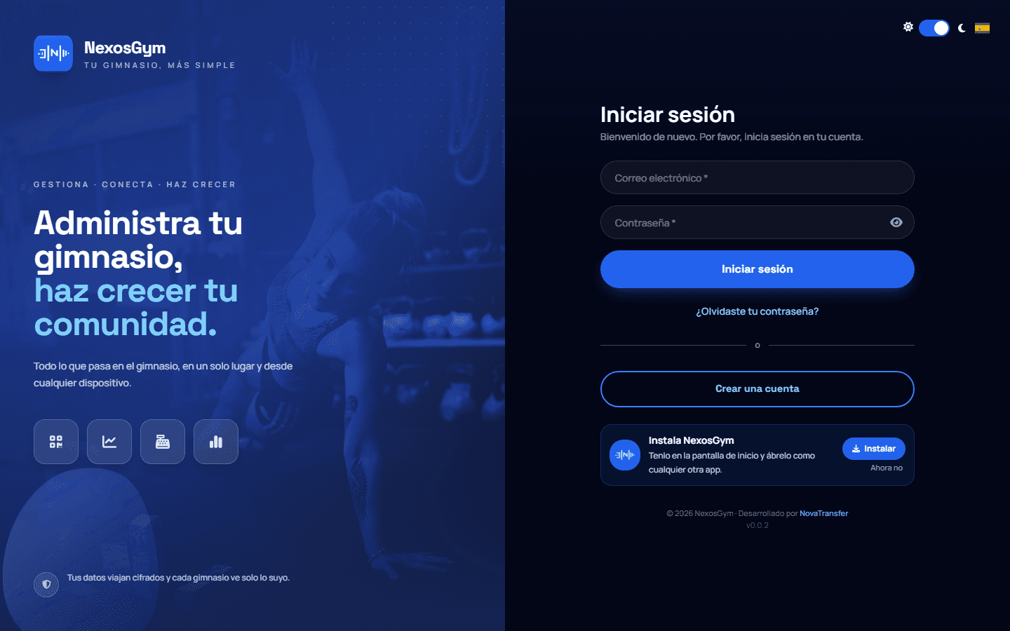 Pantalla de inicio de sesión de la app web de NexosGym