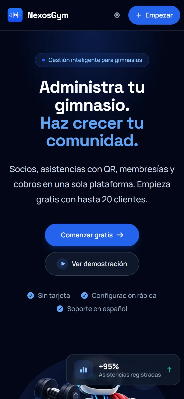 Vista móvil de la landing de NexosGym