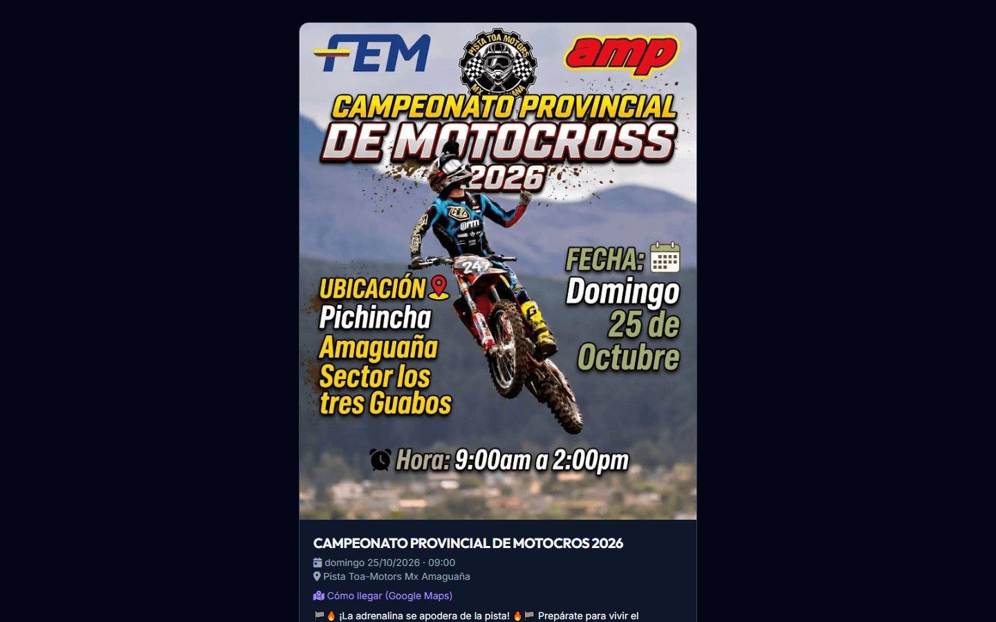 Ficha del Campeonato Provincial de Motocross en la plataforma de eventos